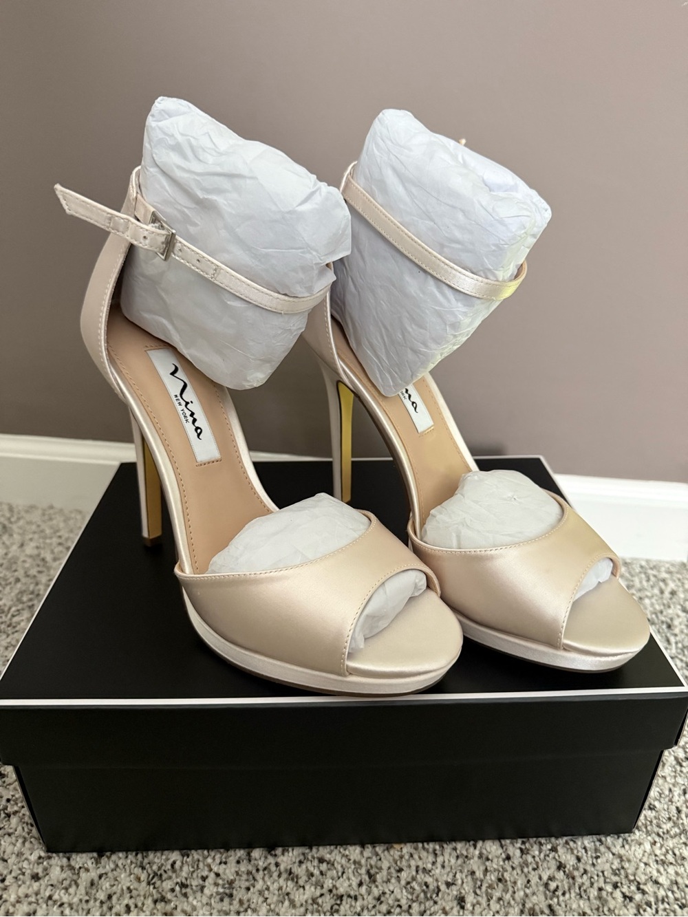 Nina Satin Peep-Toe Ankle Strap Heels Ivory